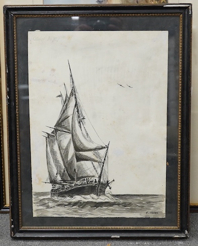 Edward Hopper, ink on paper, Sailing ship at sea, signed, 44 x 31cm. Condition - poor